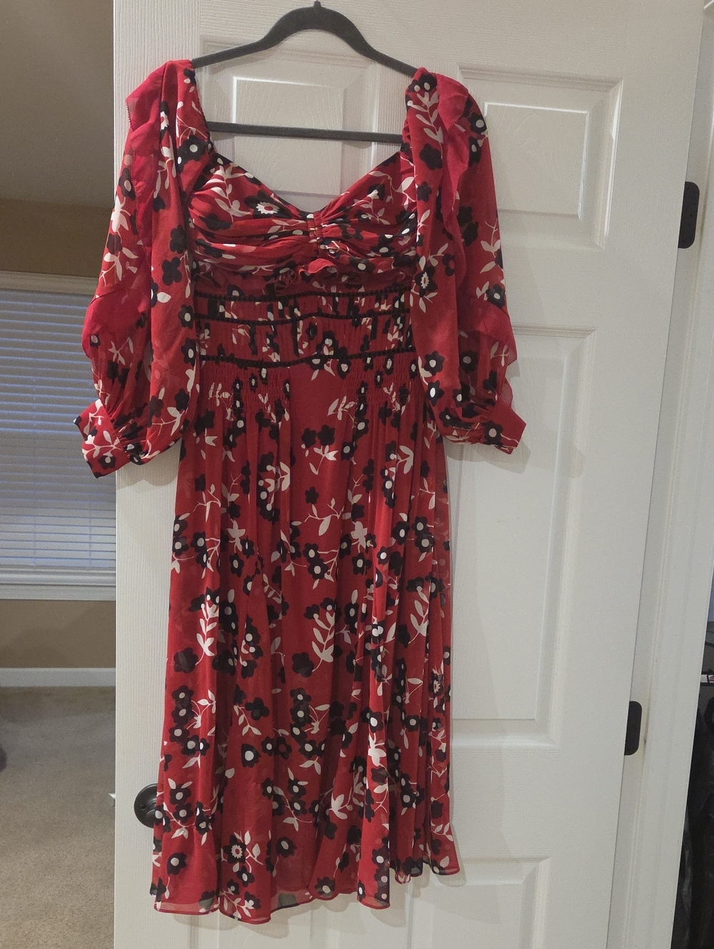 Self-Portrait Red Floral Midi Dress with Black & White Accents